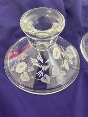 Avon 24% Lead Crystal Hummingbird Candle Holders Set of 2 w Box